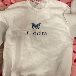 White Sweatshirt with Blue Butterfly and Tri Delta logo